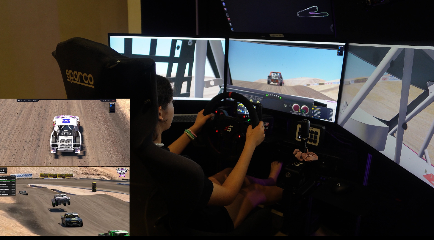 Emma Valentina Flynn training on the Trophy Burrita sim racing rig.